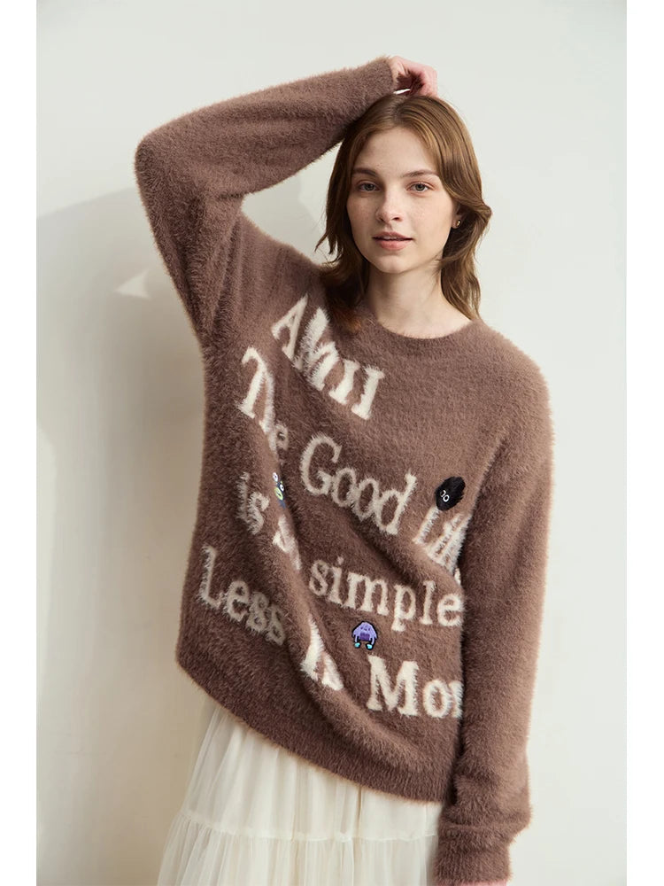 Damenpullover in Camel mit Rundhalsausschnitt, Frontdruck und langen Ärmeln