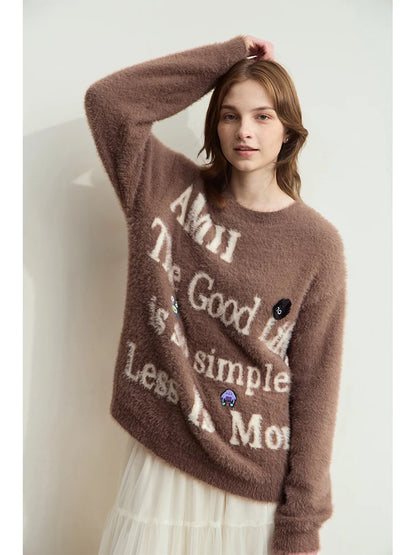 Damenpullover in Camel mit Rundhalsausschnitt, Frontdruck und langen Ärmeln