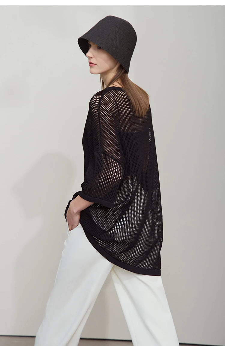 Damen-Rundhalspullover Buchstaben-Jacquard Halbarm locker Sommer