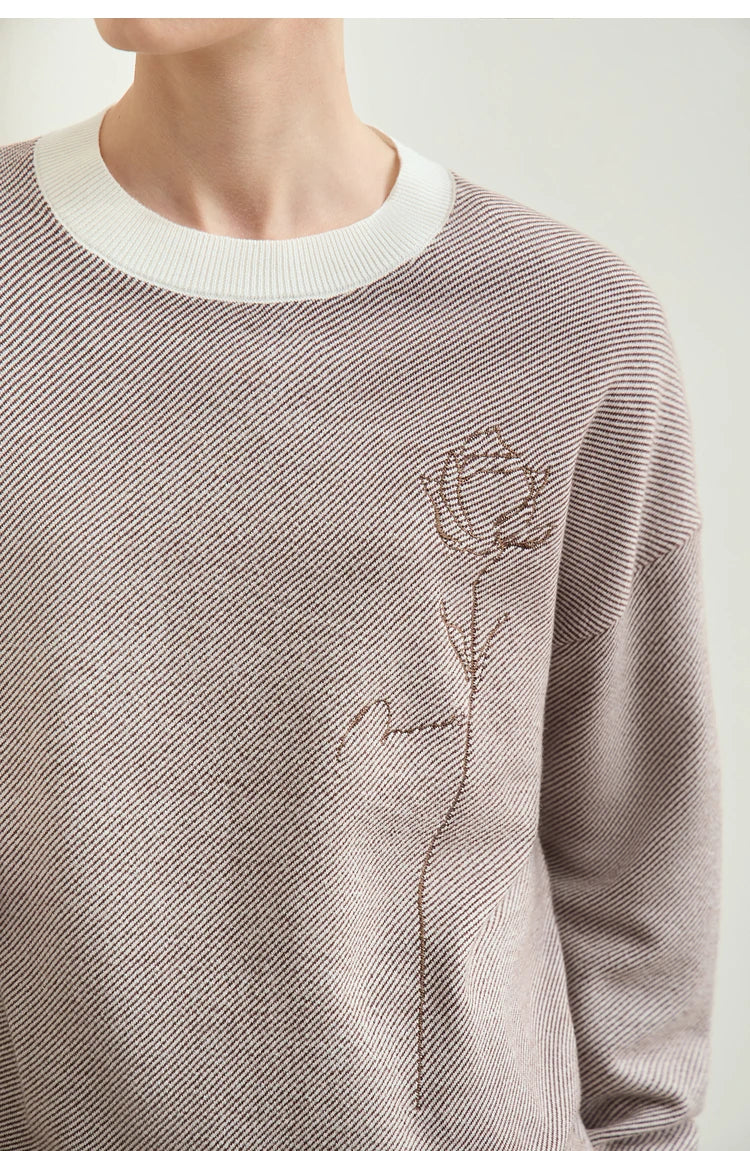 Detailansicht: Rosenstickerei auf grauem Strickpullover mit weißem Kontrastkragen