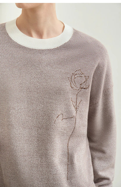 Detailansicht: Rosenstickerei auf grauem Strickpullover mit weißem Kontrastkragen