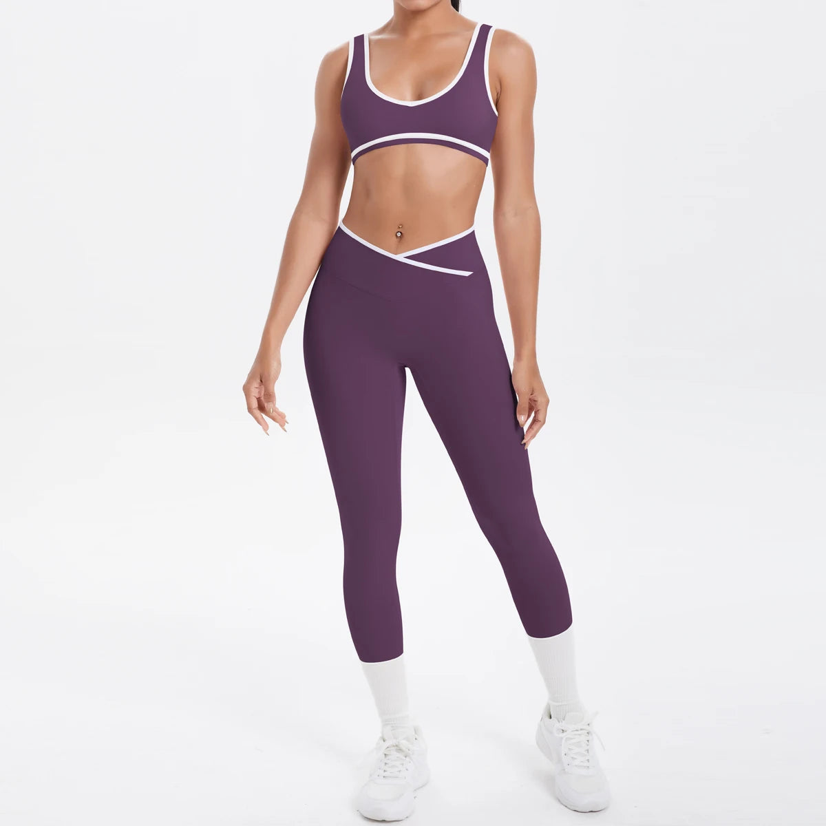Lila Damen-Yoga-Set mit Push-up-BH und 3/4-Leggings, weißes Zierband