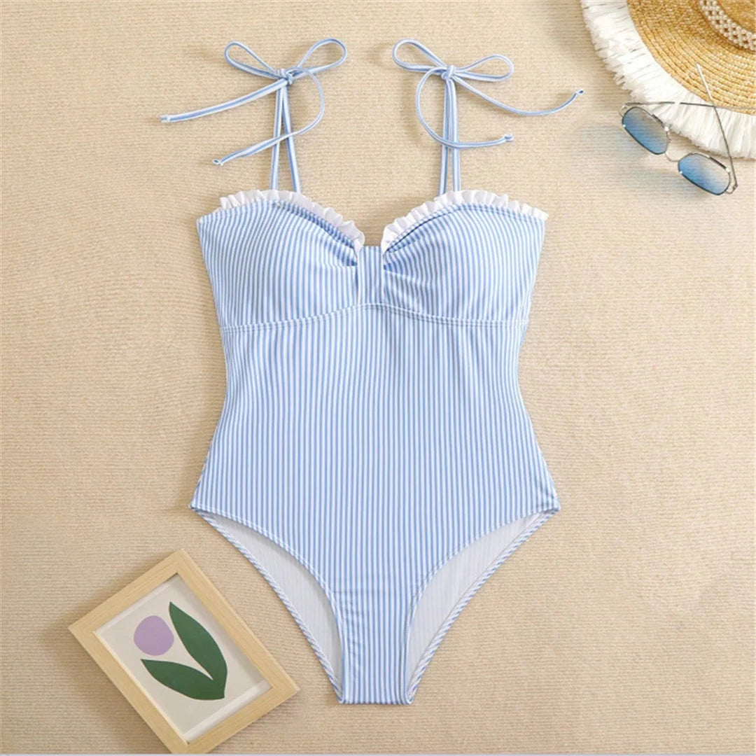 Damen Badeanzug gestreift Rüschen Riemen Monokini hoher Beinausschnitt gepolstert