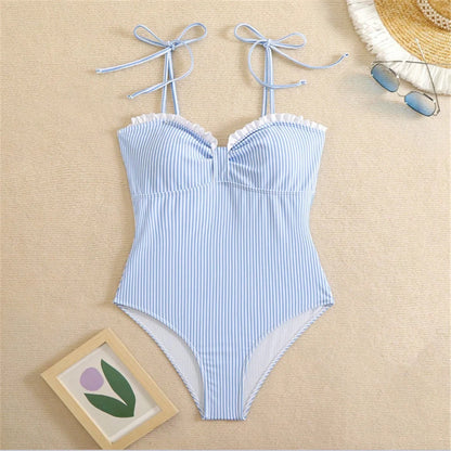 Damen Badeanzug gestreift Rüschen Riemen Monokini hoher Beinausschnitt gepolstert