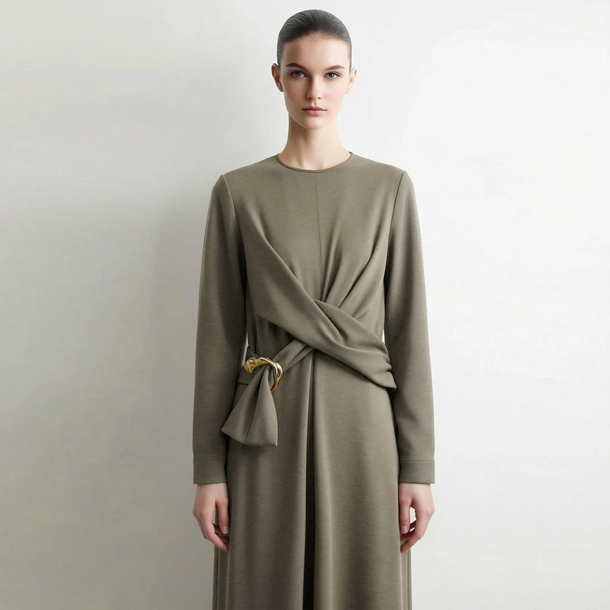 Elegantes Damenkleid Aus Satin Mit Langarm Und D Ring Gürtel Für Freizeit