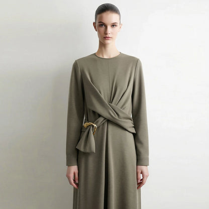 Elegantes Damenkleid Aus Satin Mit Langarm Und D Ring Gürtel Für Freizeit