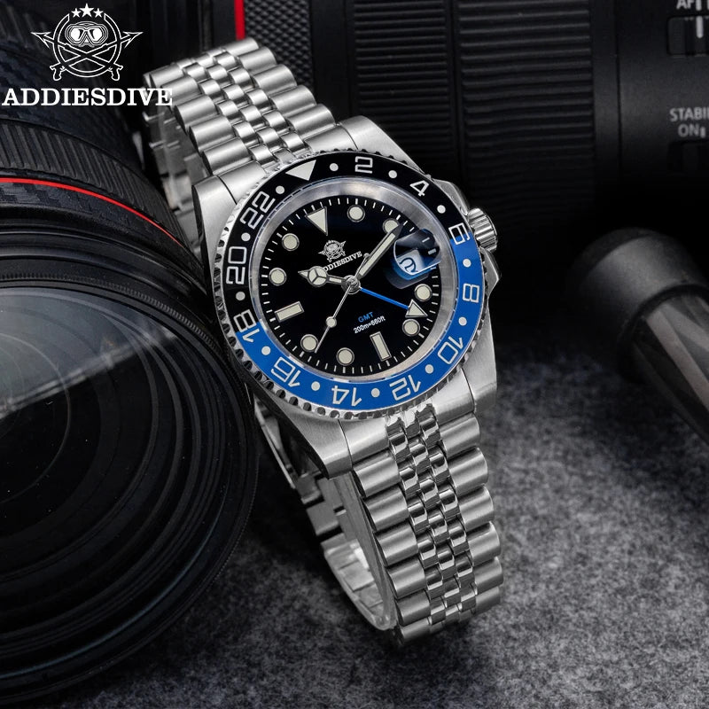 ADDIESDIVE Watch For Man GMT BGW9 Super Luminous 316L Stainless Steel 20Bar Diving Ceramic Bezel Quartz Watch
