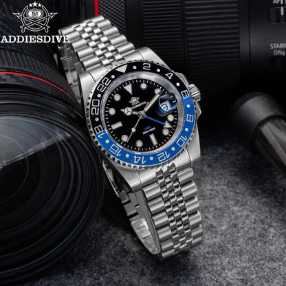 ADDIESDIVE Watch For Man GMT BGW9 Super Luminous 316L Stainless Steel 20Bar Diving Ceramic Bezel Quartz Watch