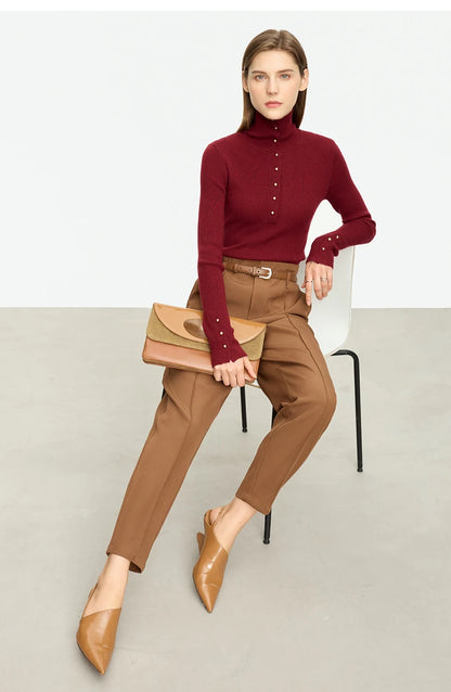 Damen-Strickjacke Rollkragen Knopfleiste Slim halboffene Front Herbst