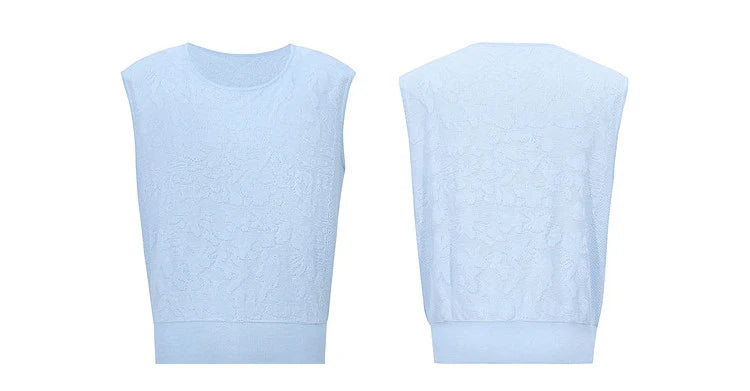Damen-Rundhalspullover ärmellos Jacquard locker kurz Viskose Sommer