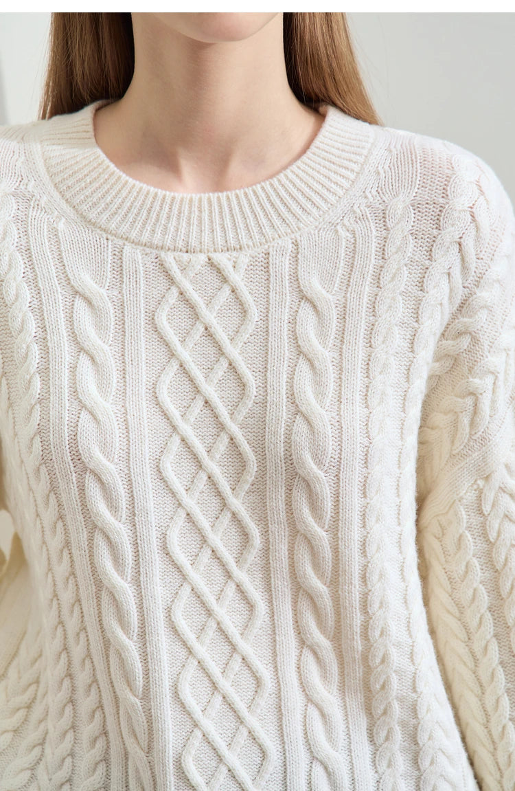 Damenpullover, weiß/creme, Rundhalsausschnitt mit geripptem Rand und Zopfmuster