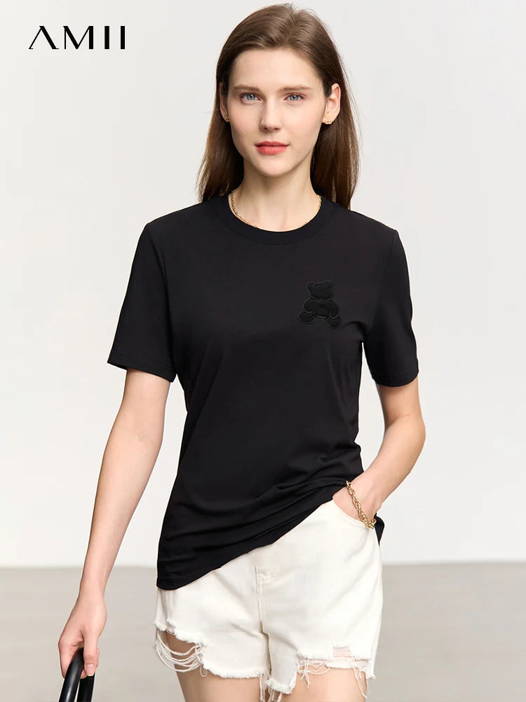 Damen Top im minimalistischen Stil mit Bären-Applikation und O-Ausschnitt
