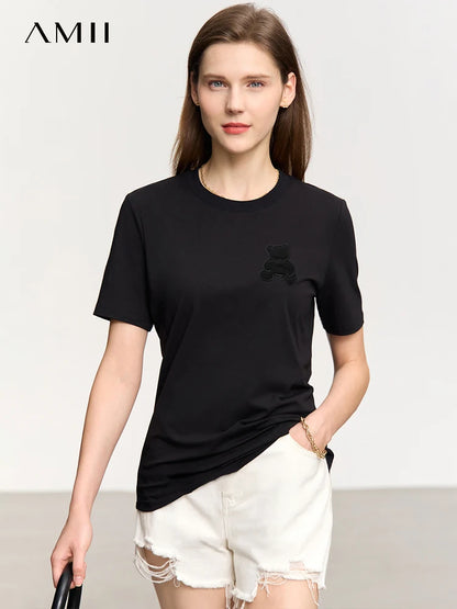Damen Top im minimalistischen Stil mit Bären-Applikation und O-Ausschnitt