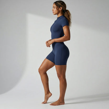 Dunkelblauer Damen-Yoga-Jumpsuit mit kurzem Ärmel und Reißverschluss, Seitenansicht