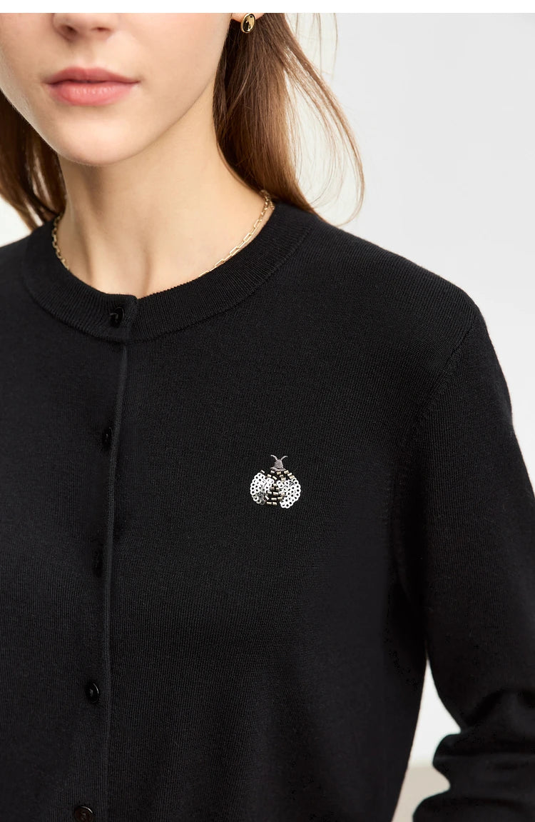 Damen-Rundhals-Strickjacke Wolle-Seide Perlenstickerei Knöpfe Herbst-Winter