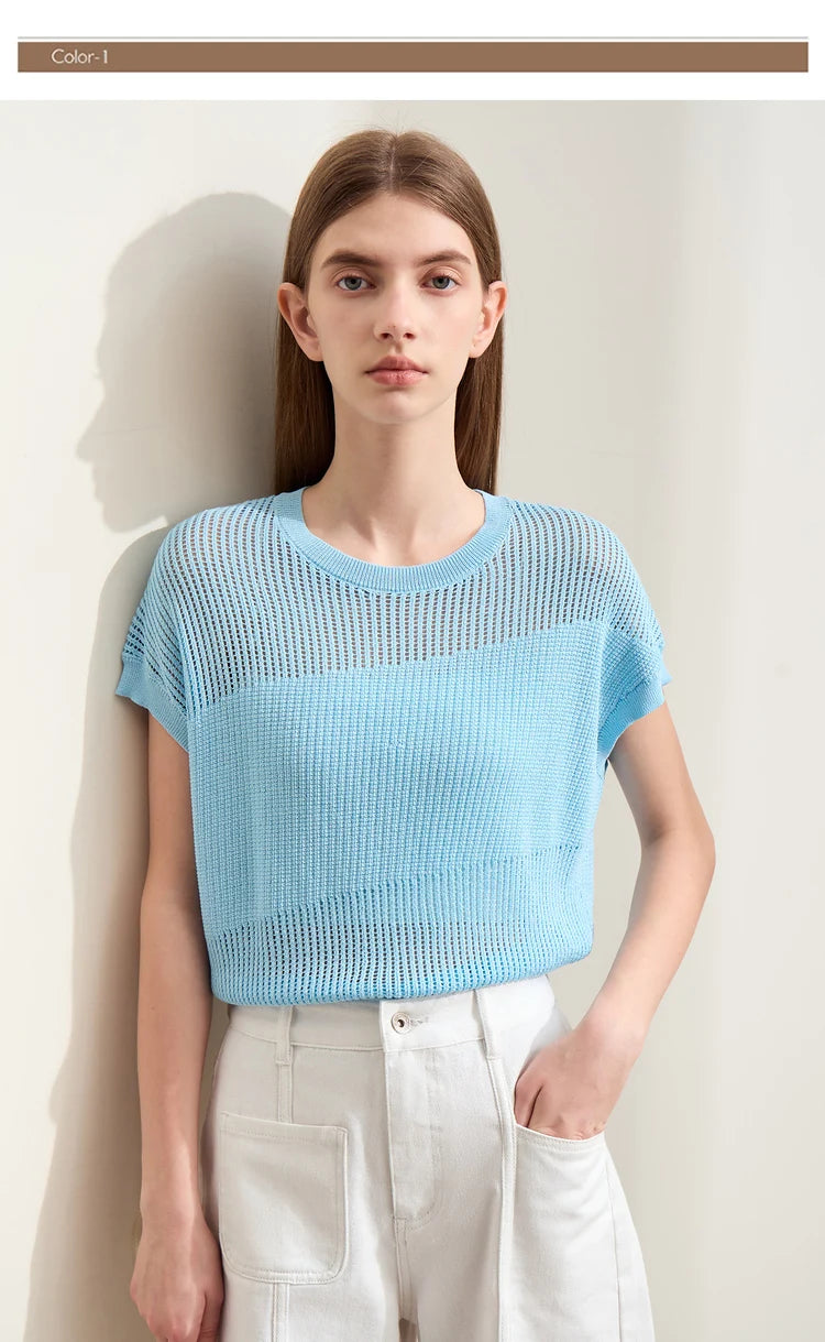 Damen-Wollstrickpullover hellblau, lockerer Sitz, Rundhalsausschnitt, kurze Ärmel