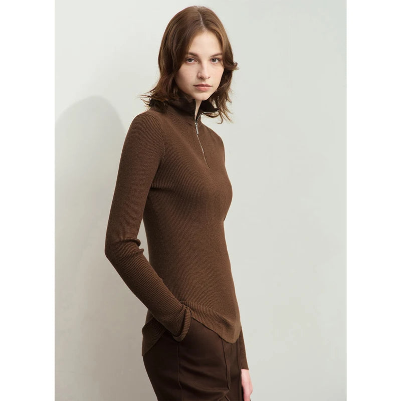 Damen-Strickjacke mit Stehkragen und Reißverschluss, braun, schmaler Schnitt