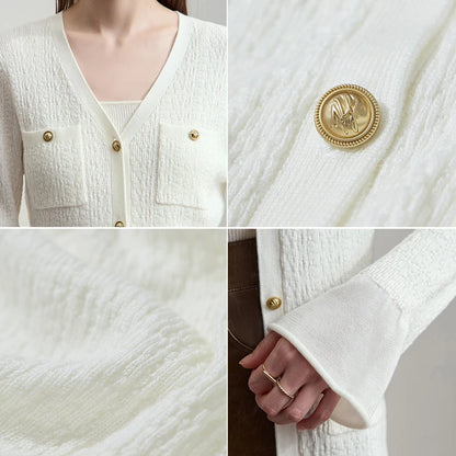 Damen-Strickjacke V-Ausschnitt einfarbig gerade Langarm vielseitig Herbst