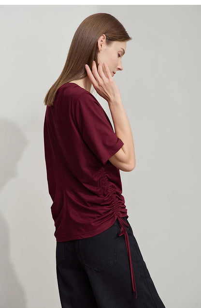 Damen T-Shirt mit solidem V-Ausschnitt und Kordelzug für den Sommer