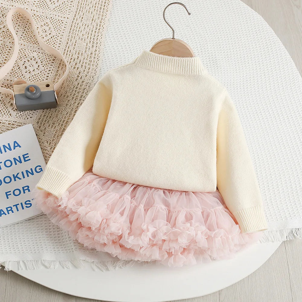 Mädchen Pullover Set mit bunten Pailletten und Tutu Röcken in Pink und Weiß