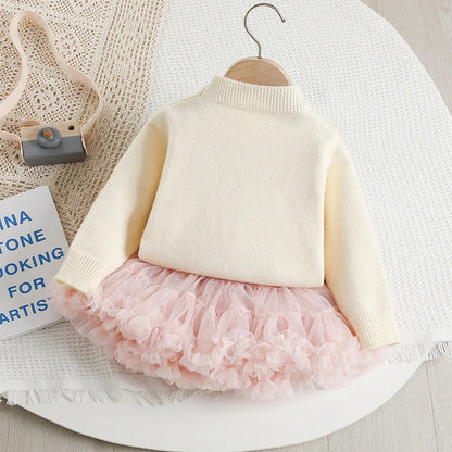 Mädchen Pullover Set mit bunten Pailletten und Tutu Röcken in Pink und Weiß