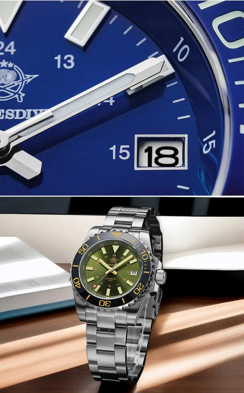 Herren Business-Automatikuhr 8215 Saphirglas 200m Tauchen C3 Nachtleuchtzeiger Retro