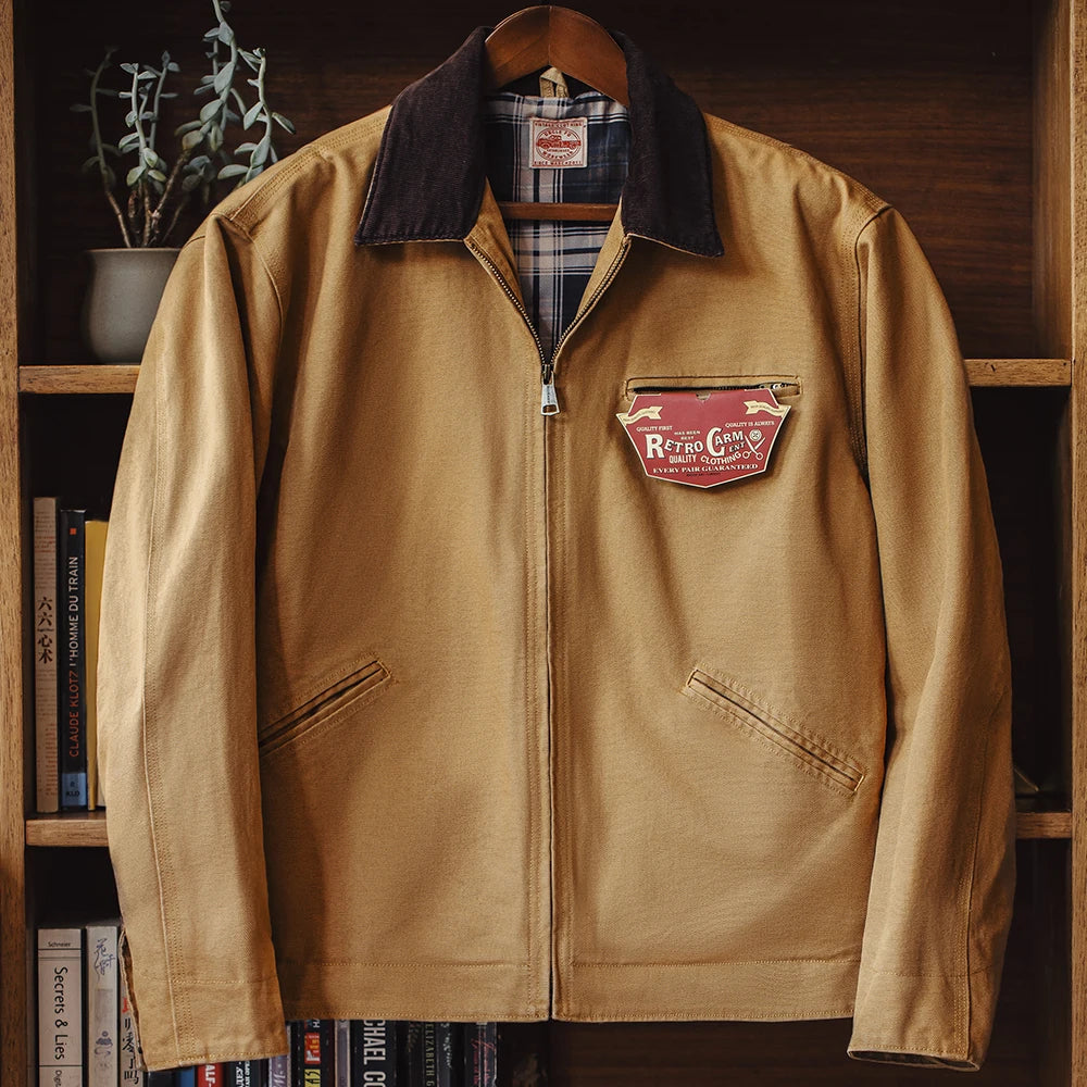 Herren Jacke Retro Canvas Detroit schwere Taschen Reverskragen Reißverschlussmantel