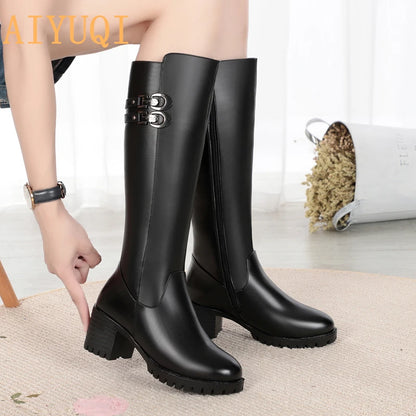 AIYUQI Women Genuine Leather Winter Wool 2025 New High Heel High Boots Big Size 41 42 43 Warm Snow Boots Women