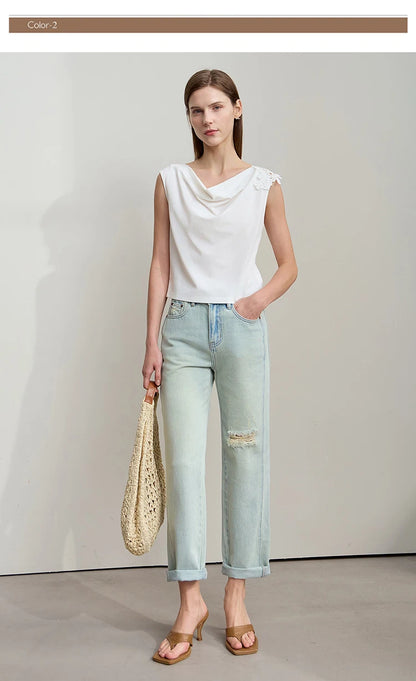 Damen Casual-T-Shirt im minimalistischen Stil mit Swing-Kragen und ärmellos