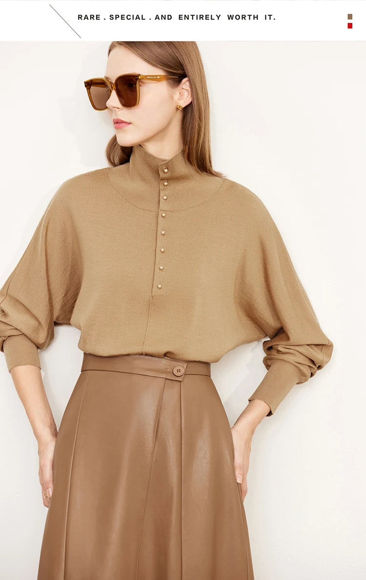 Damen-Rollkragenpullover 100 % Wolle locker Fledermausärmel Herbst