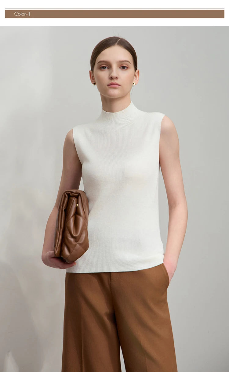 Ärmelloses Mock-Neck-Stricktop in Cremeweiß, ärmellos, figurbetont, mit Stehkragen-Rippung