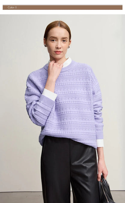 Damenpullover mit Rundhalsausschnitt, lange Ärmel, helllila
