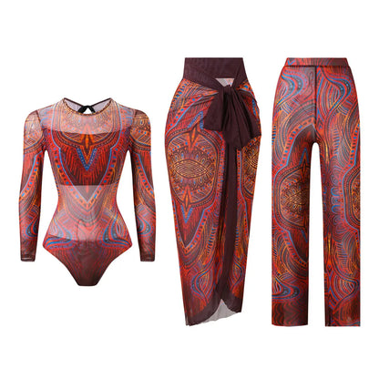 Damen-Badeanzug 3-teilig Print Langarm Sarong-Set gepolstert
