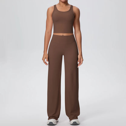 Schnelltrocknendes Yoga-Set mit cropped Tanktop und Schlaghose, braun