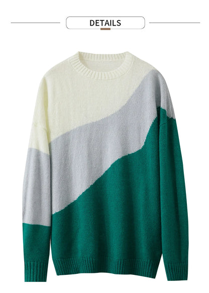 Strickpullover mit Rundhalsausschnitt, Colour-Block grau/creme/teal, lange Ärmel