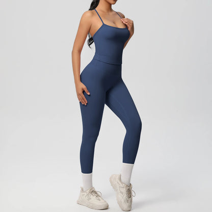 Yoga-Set mit Tanktop und Leggings, dunkelblau, schmale Träger, Knöchelsaum