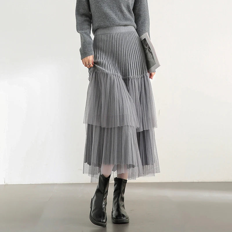 Damen A-Linien-Rock mit Plissee-Details im eleganten Patchwork-Mesh-Design