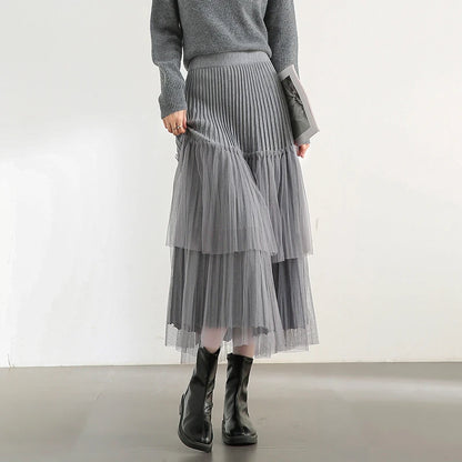 Damen A-Linien-Rock mit Plissee-Details im eleganten Patchwork-Mesh-Design