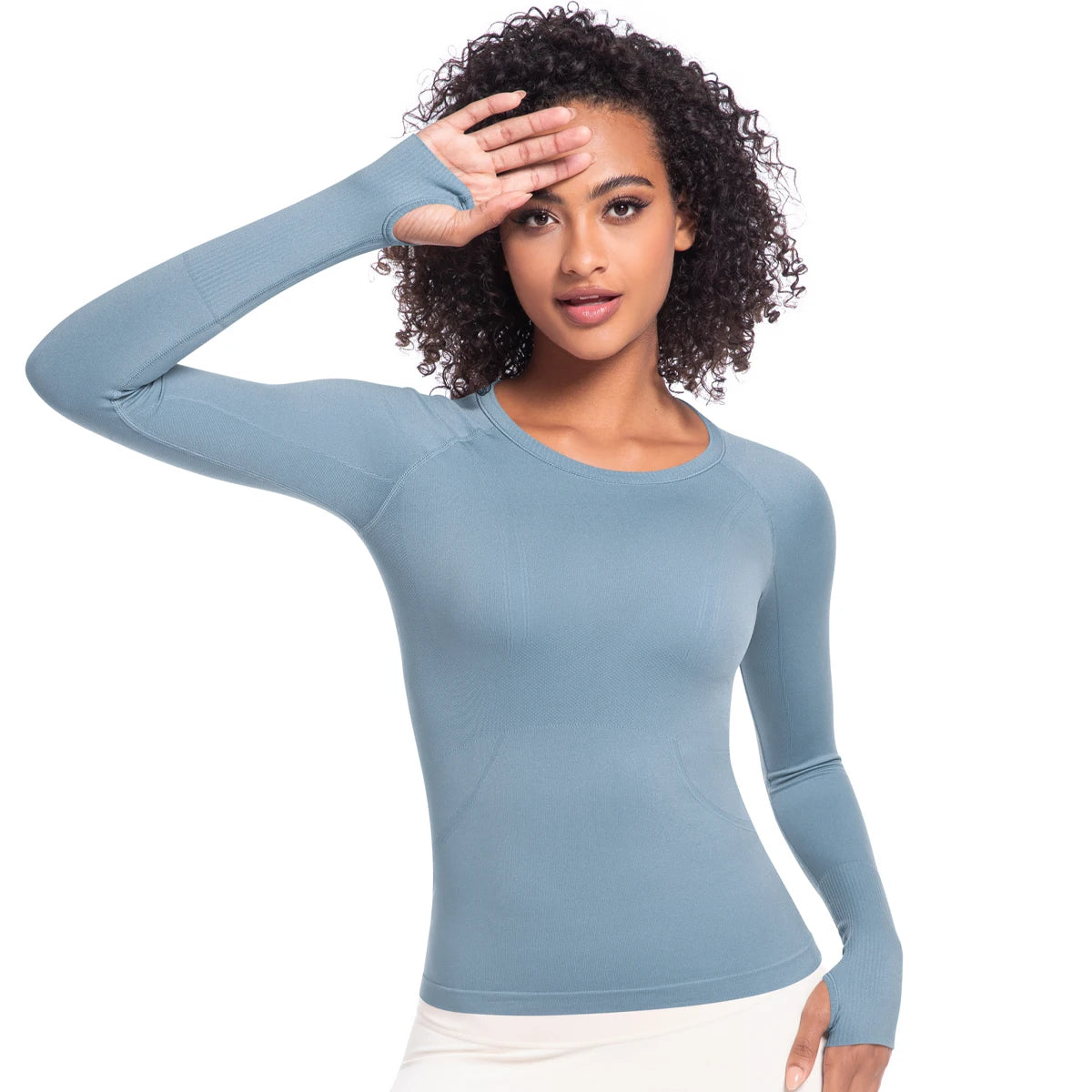 Damen-Langarm-Laufshirt hellblau, schmaler Rundhalsausschnitt, langärmlig