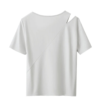 Damen T-Shirts im Minimalismus-Stil mit asymmetrischem V-Ausschnitt und kurzen Ärmeln