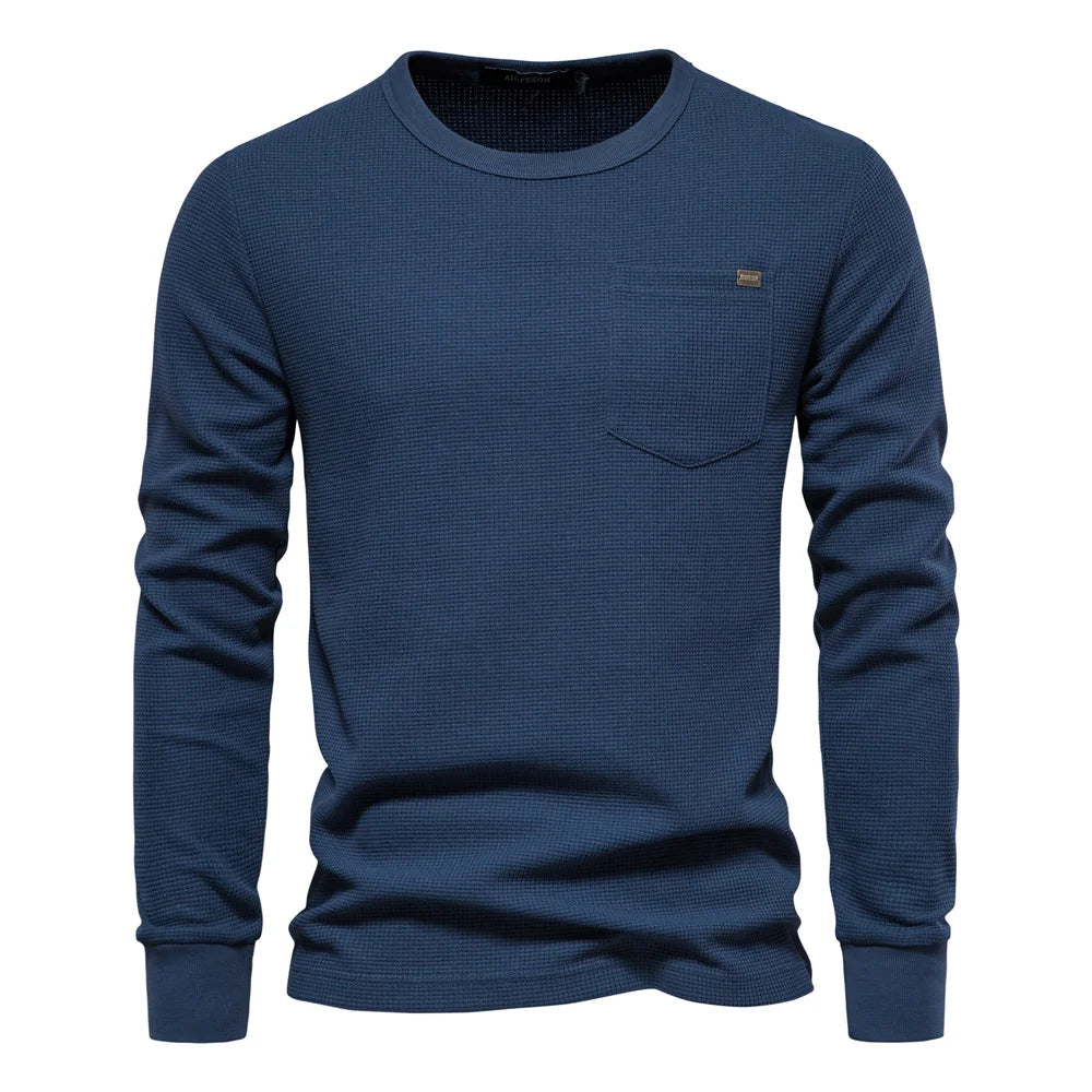 Herren Langarm T-Shirt aus einfarbigem Waffelstoff mit Brusttasche