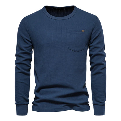Herren Langarm T-Shirt aus einfarbigem Waffelstoff mit Brusttasche