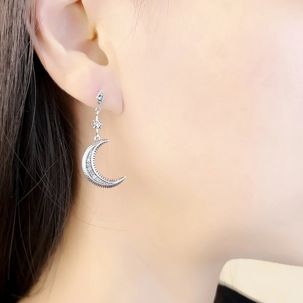 Damen-Ohrtropfen Stern Mond magisch Vintage aus Sterlingsilber