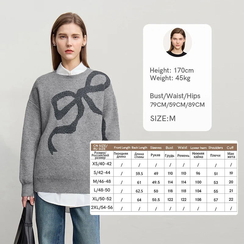 Grauer Damenpullover mit großem schwarzem Jacquard-Motiv, lockere Passform