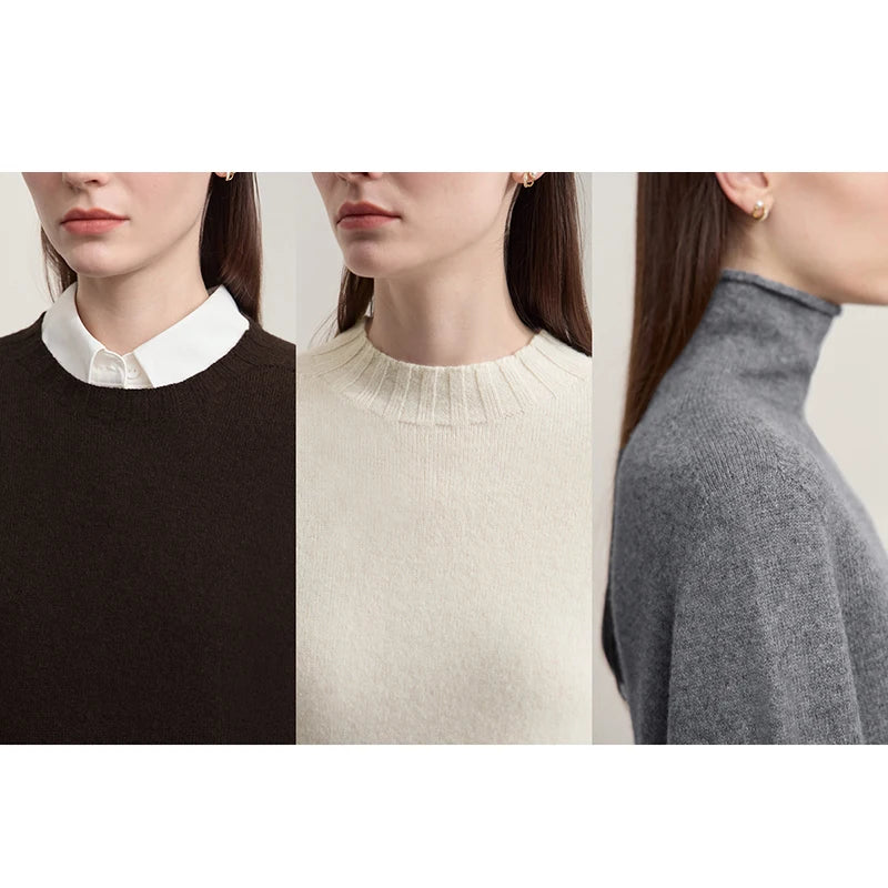 AMII Damenpullover Nahansicht: Rundhals in dunkelbraun, creme und grau
