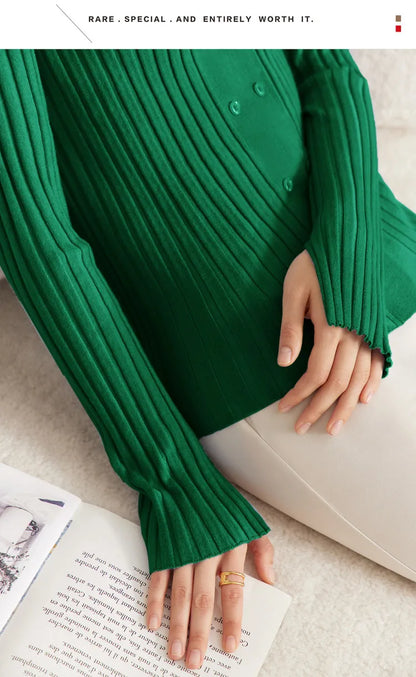 Damen-Strickjacke Polokragen Slim doppelreihig Wolle-Mix Frühling-Herbst