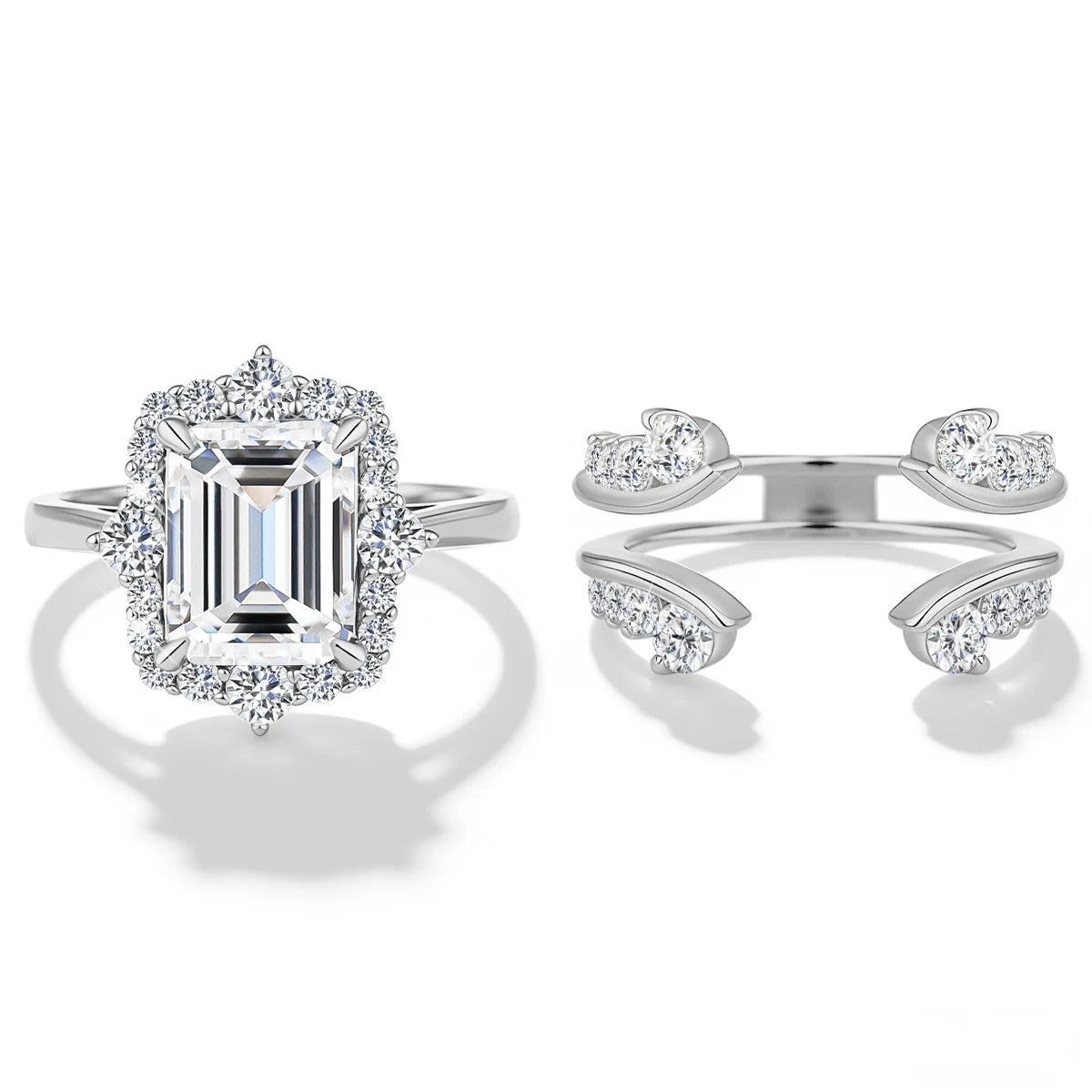 Damen-Verlobungsring-Set aus Moissanit im Smaragd-Schliff Halo-Umrandung 925er Sterlingsilber
