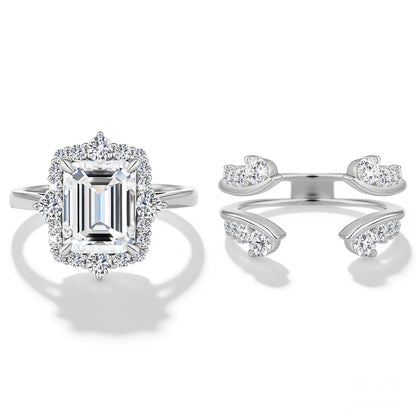Damen-Verlobungsring-Set aus Moissanit im Smaragd-Schliff Halo-Umrandung 925er Sterlingsilber
