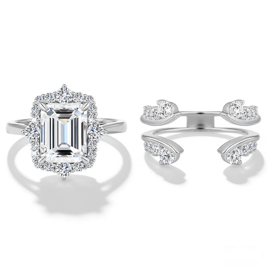 Damen-Verlobungsring-Set aus Moissanit im Smaragd-Schliff Halo-Umrandung 925er Sterlingsilber