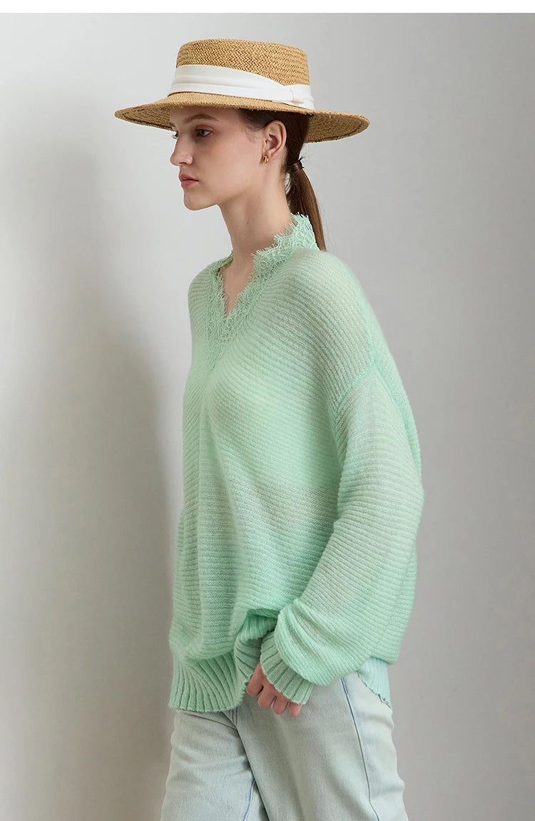 Damen V-Ausschnitt Pullover Mohair Spitze locker mittellang Frühling